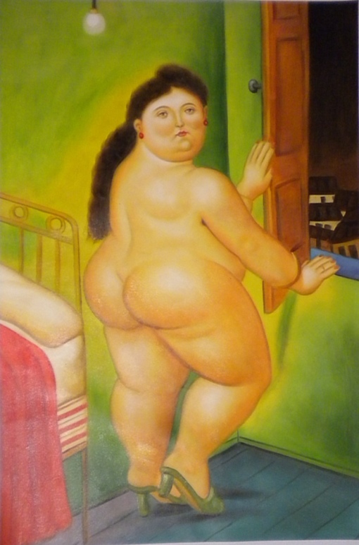 store falso d'autore woman in front of window di Fernando Botero
