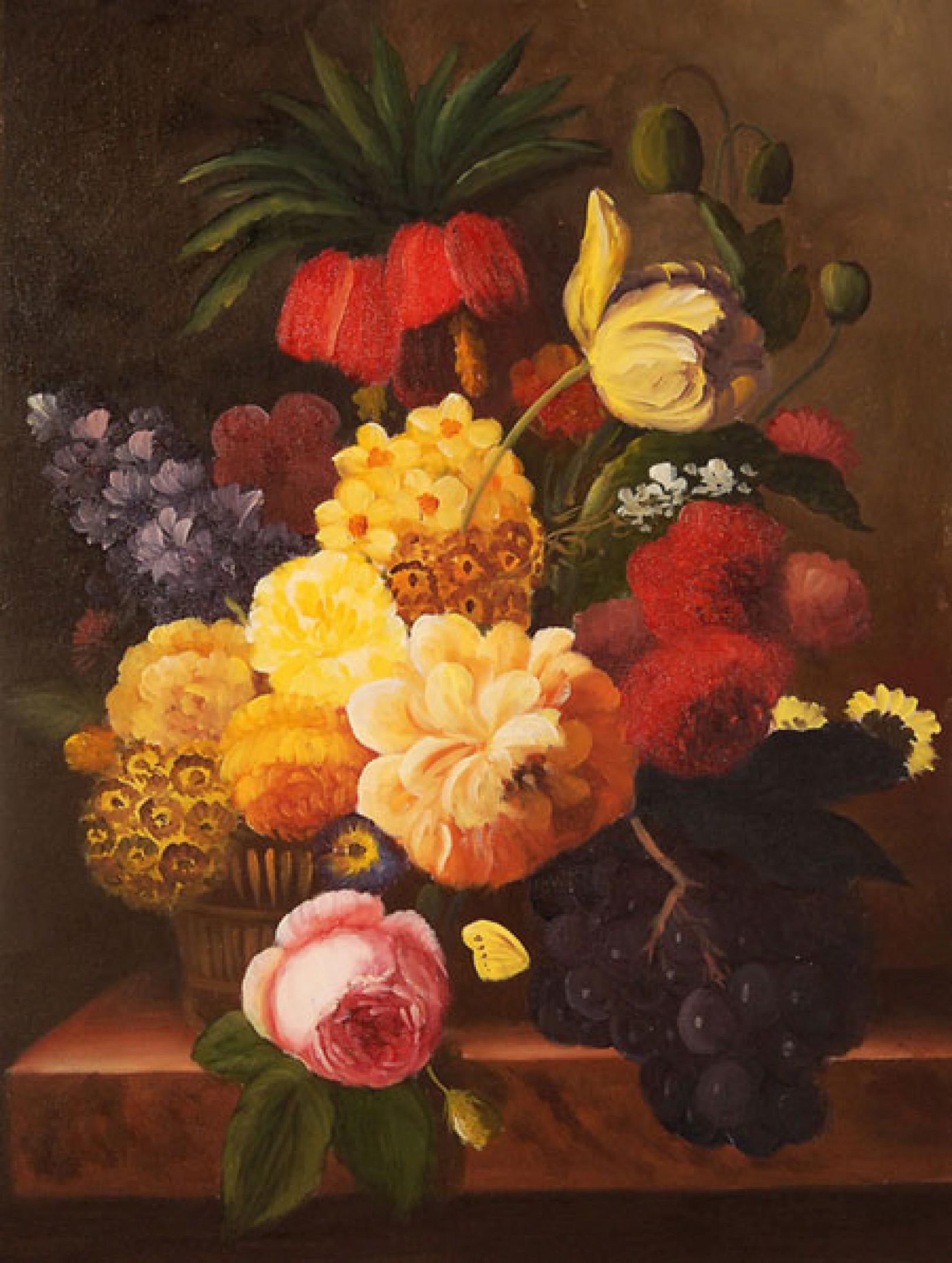 Vaso di fiori e frutta