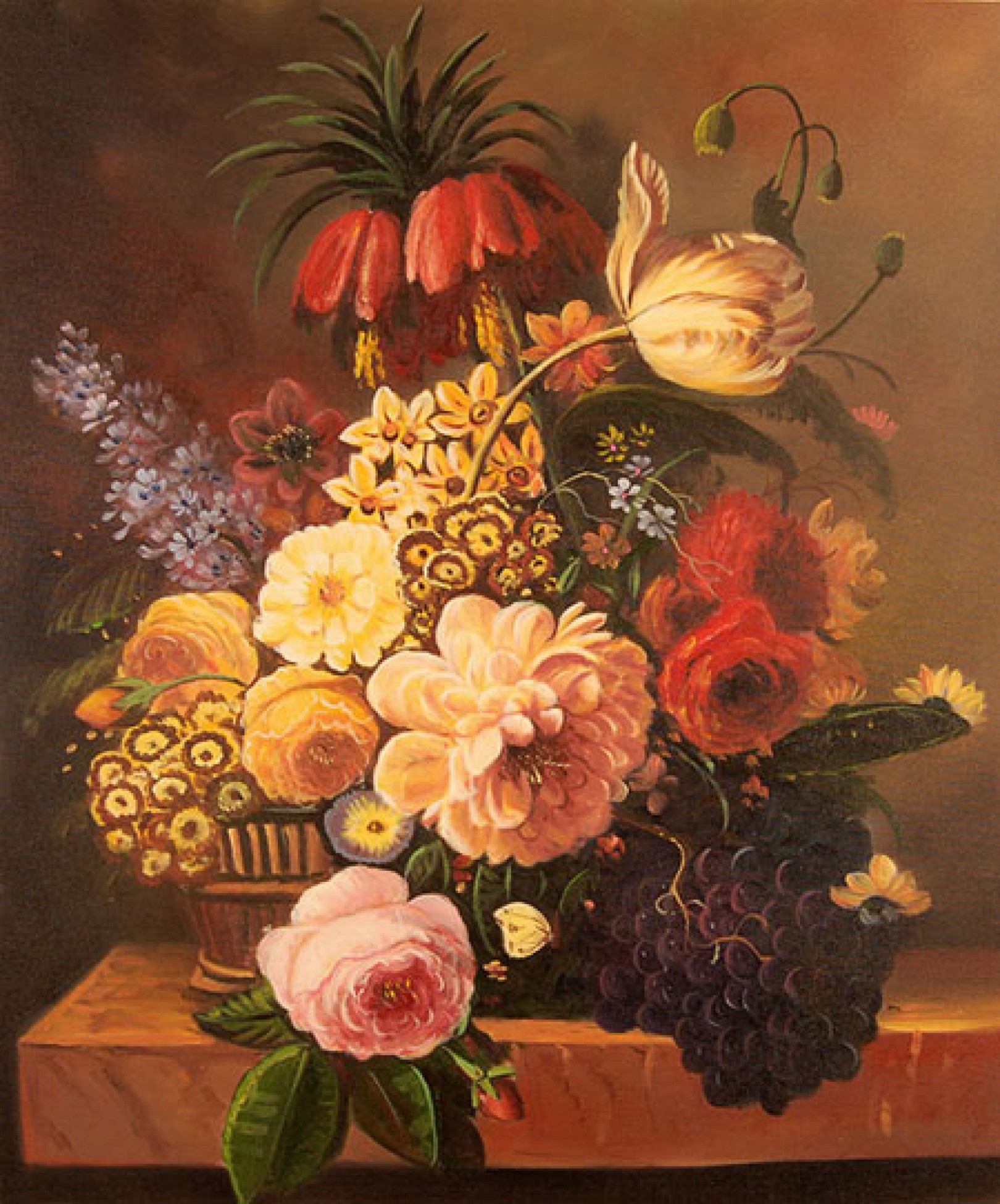 Vaso di fiori e frutta