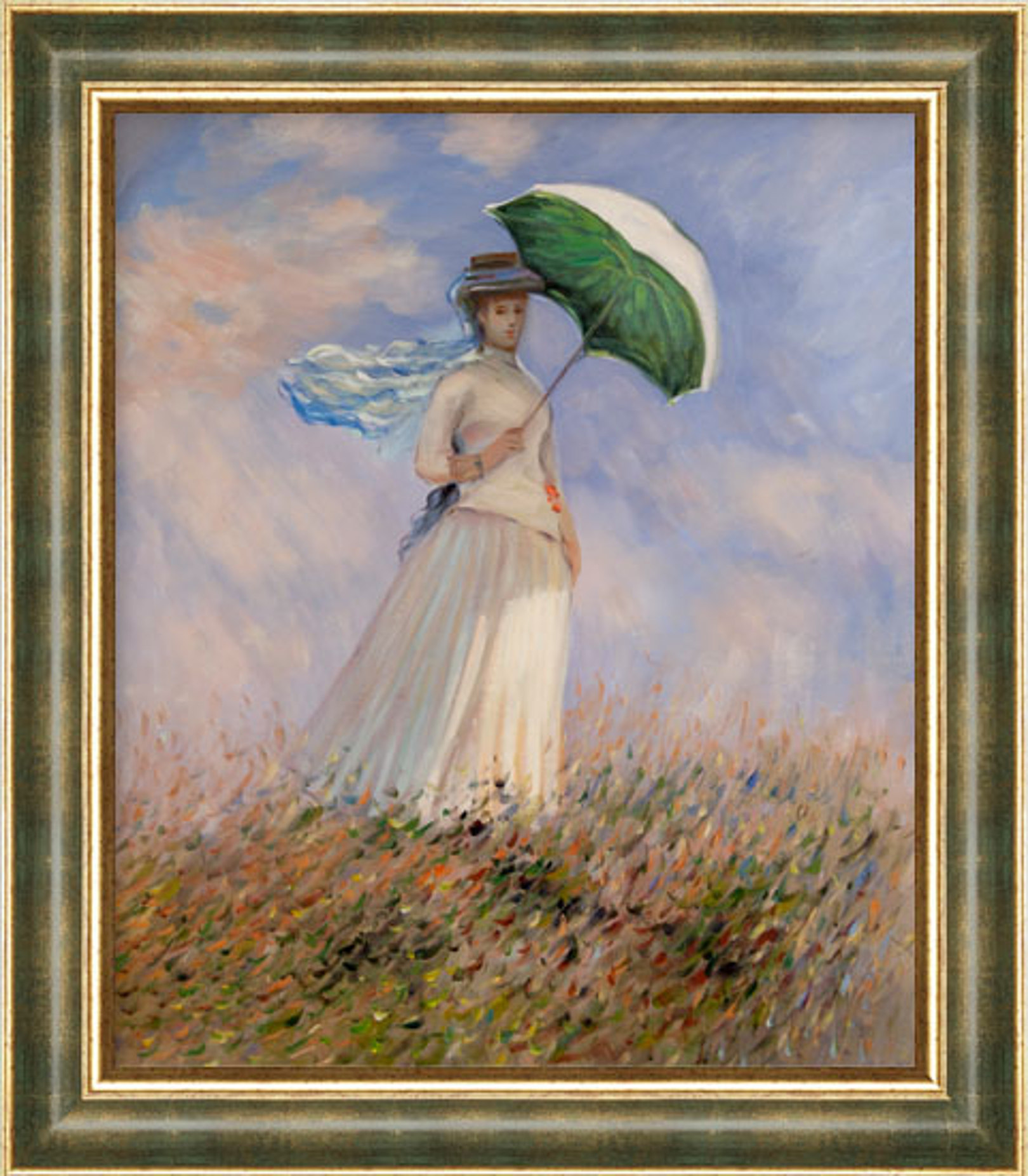 Donna con parasole e cornice oro-verde