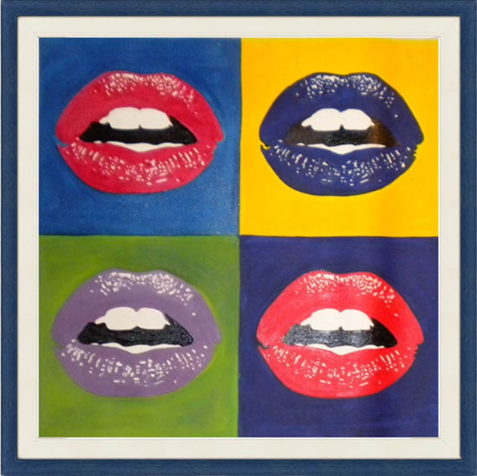 Quadro Lips Pop Art + cornice blu e passpartout di Warhol, falso d'autore  66x66cm Post-impressionisti