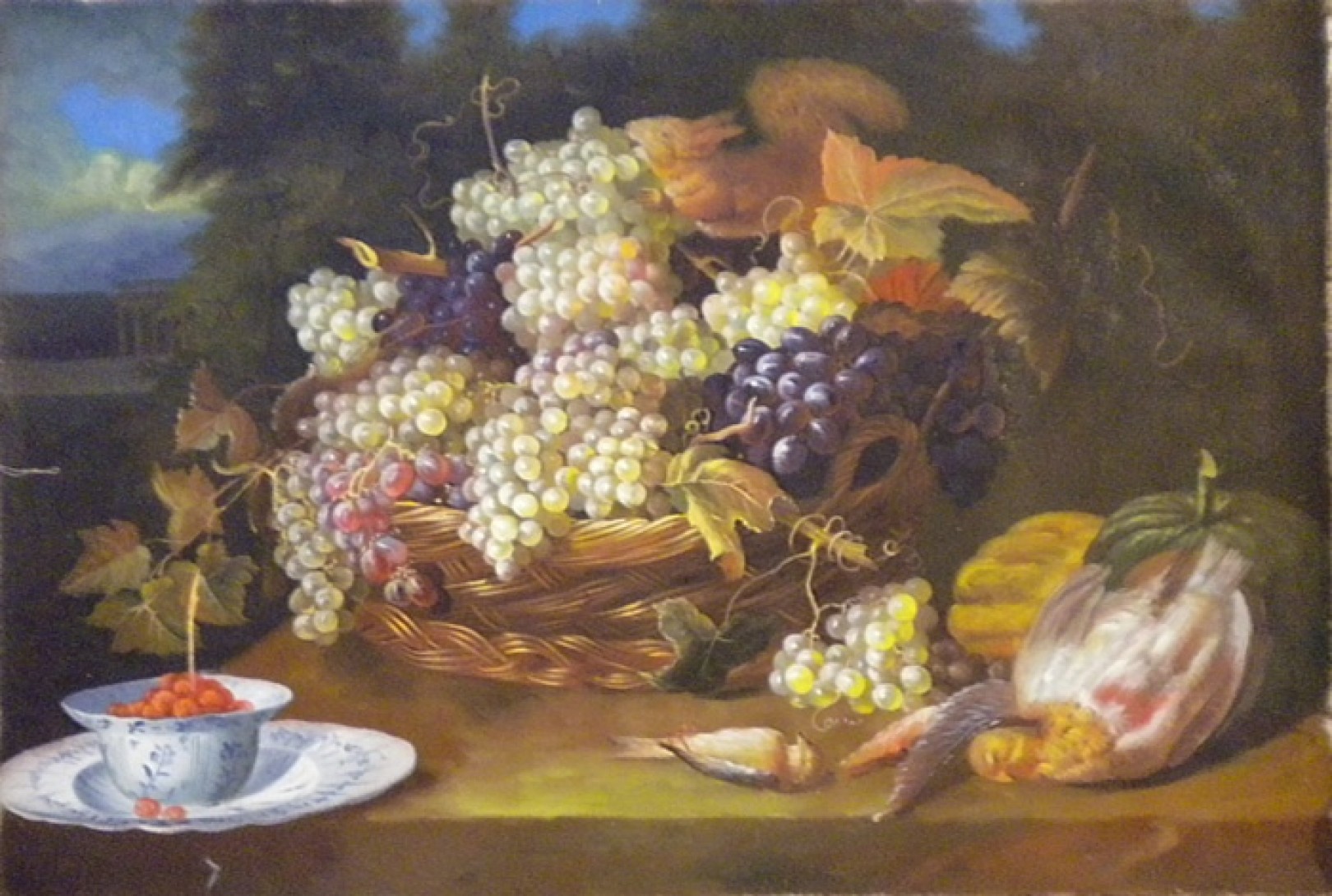 Cesto di frutta con paesaggio e  scoiattolo di Frans Snyders