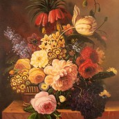 Vaso di fiori e frutta