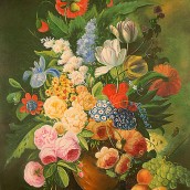 Vaso di fiori con pesche e uva