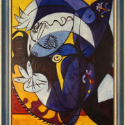 Ragazza con cuscino + cornice oro blu