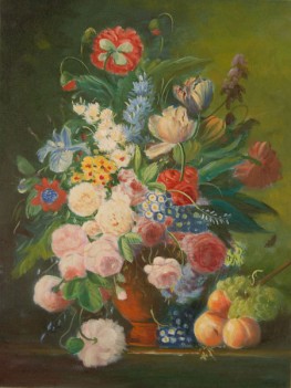 Vaso di fiori con pesche e uva