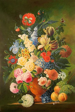 Vaso di fiori con pesche e uva