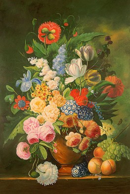 Vaso di fiori con pesche e uva