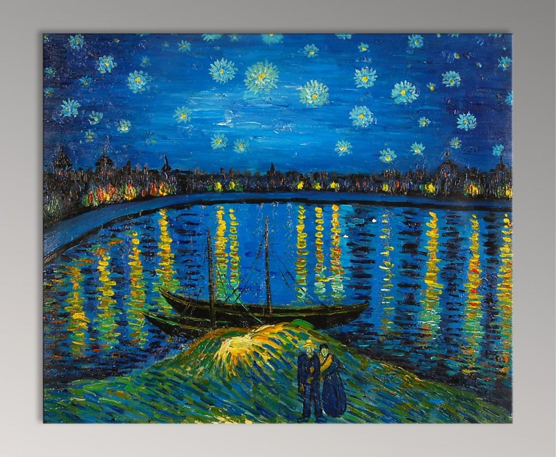 Quadro Notte stellata sulla Rhona di Van Gogh, falso d'autore 60x50x2cm  Dipinto Olio su tela